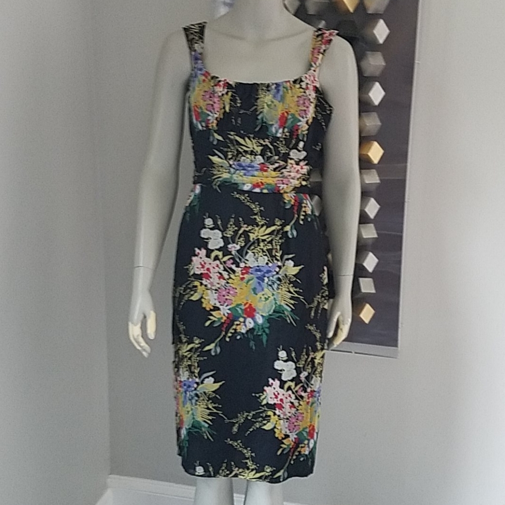 David Meister Silk Floral Dress Ruched Waist Sz10